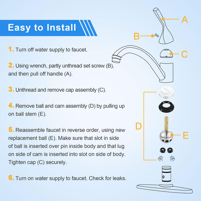 Dreyoo Single Handle Faucet Repair Kit with RP212 Stainless Steel Ball Valves and Knob Handles, Compatible with Delta/Peerless Single Handle Faucets, Replacement for RP77739 and 86971(1 Pack) 1
