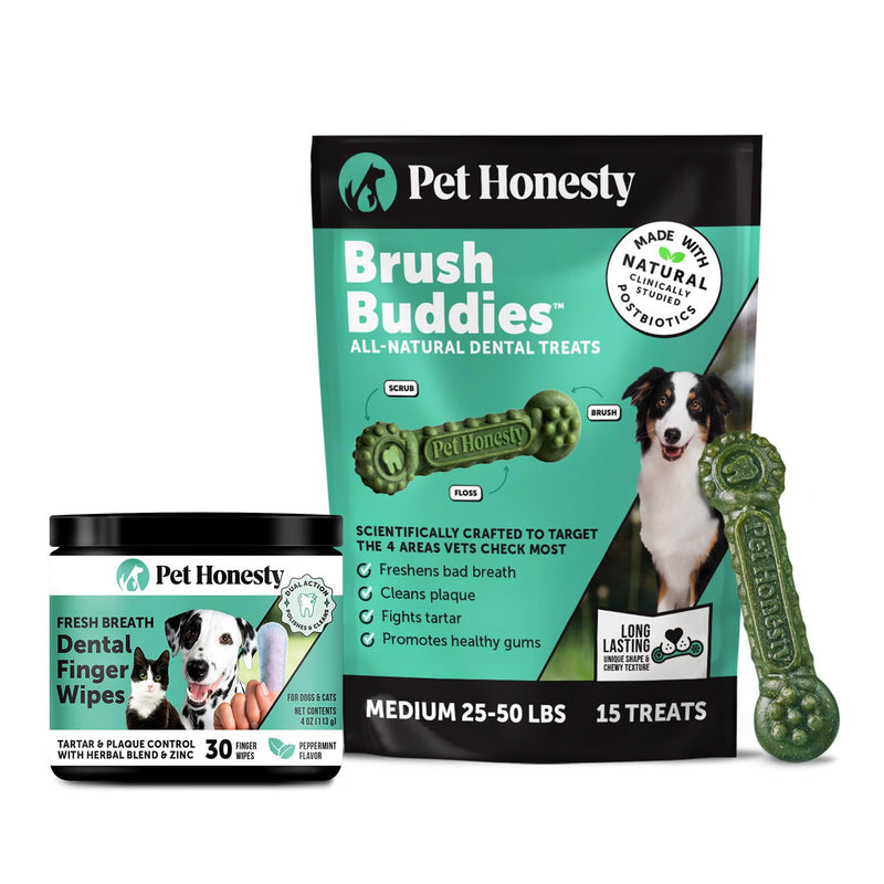 Pet Honesty Dog Dental Care Virtual Bundle – Dental Finger Wipes (30 Ct) + Brush Buddies Dental Sticks for Medium Dogs (15 Ct) – Teeth Cleaning, Plaque & Breath Support