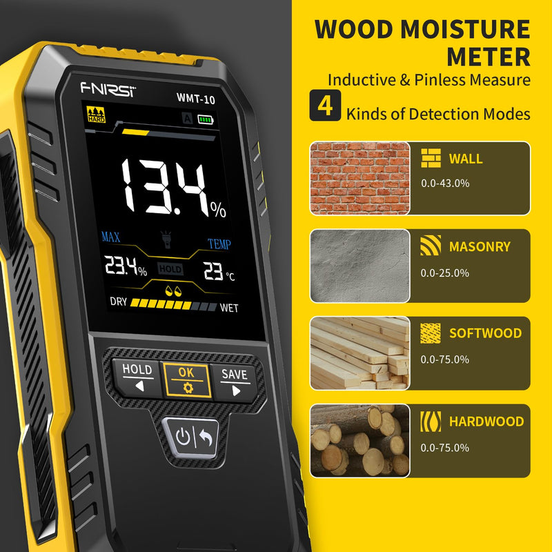 FNIRSI WMT-10 Rechargable Wood Moisture Meter, Pinless Moisture Meter for Wood, Firewood, Wall, Support Data Hold and Record, Flashlight, Humidity Detector for Lumber Concrete Building