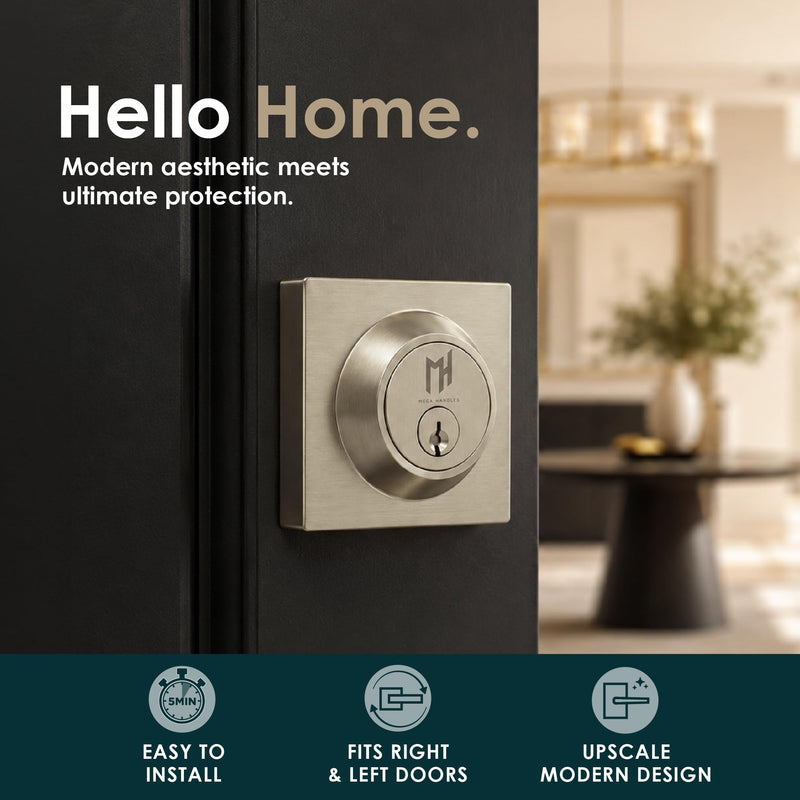 Mega Handles Schein Deadbolt Lock - Heavy Duty Square Locking Deadbolt for Left Or Right-Handed Doors, Brushed Nickel Deadbolt for Interior/Exterior, Screws Included - Satin Nickel 1
