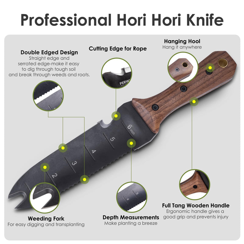 Hori Hori Garden Knife, Garden Tools with Sheath for Weeding,Planting,Digging, 7" Stainless Steel Blade with Cutting Edge, Full-Tang walnut Wood Handle with Hanging Hole