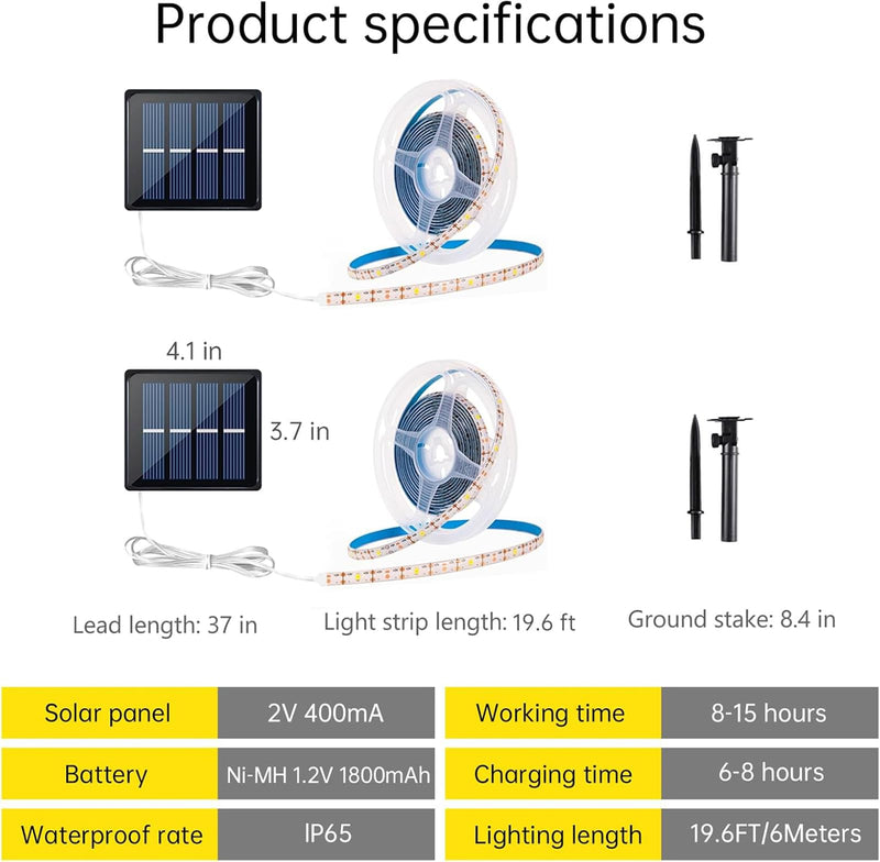 Solar LED Strip Lights Outdoor String Light Waterproof 20FT 180LED Cuttable Tape Rope Solar Lighting for Garden Path, Deck, Yard, Stair, Step, Christmas Decorative Lighting 2 Packs Warm White 19.7ft