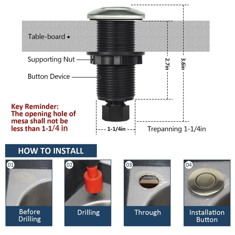 Garbage Disposal Air Switch Kit Sink Top Waste Disposal Long Stainless Steel Brushed Nickel On/Off Air Button Food and Waste Disposals Part by Etoolcity Single Outlet Long/2.7''