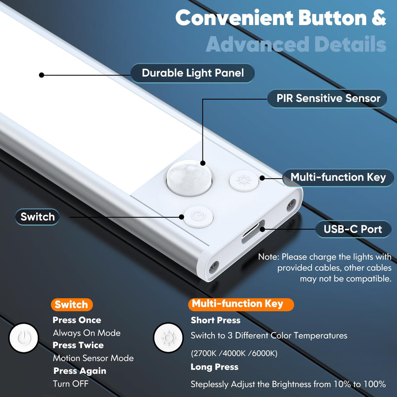 Under Cabinet Lights, 68-LED Rechargeable Battery Operated Motion Sensor Lights Indoor, 1800mAh Magnetic Dimmable Closet Lights, 3 Color Wireless Under Counter Night Lights for Kitchen Stair, 3 Packs 8 inch