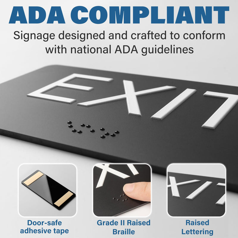 Exit Sign - ADA Compliant Exit Signs With Braille and Raised Letters for Business, Emergency Exit Sign for Office Restroom Indoor Outdoor,Easy Installation-Horizontal (2.8 * 5.8 In) Black/Horizontal
