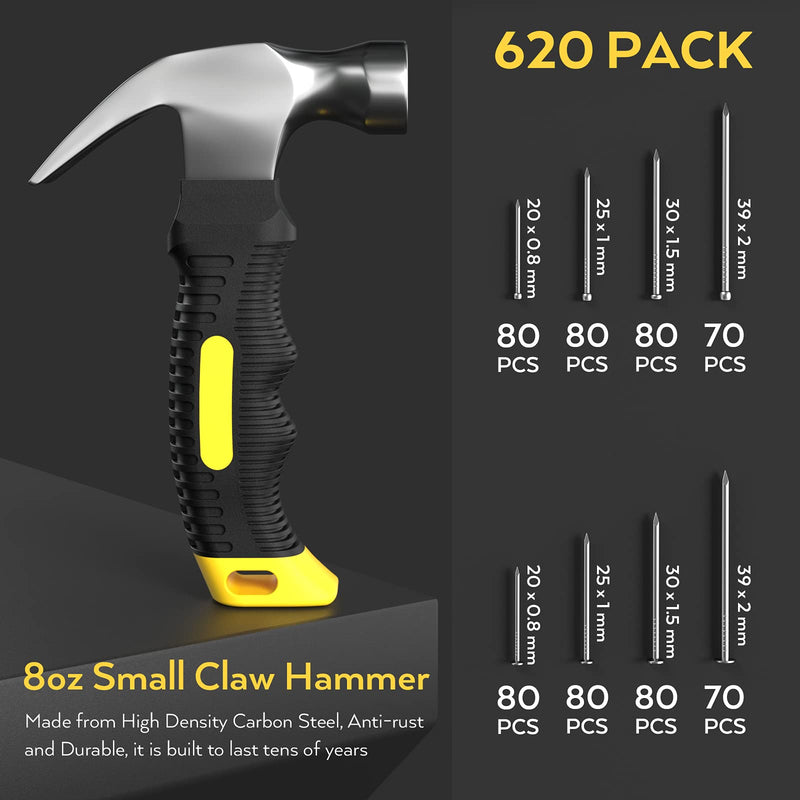 INCLY 620 PCS Small Nails for Hanging Pictures Assortment Kit with 8oz Claw Small Hammer, Mini Hammer Set with Hardware Nails Assorted Set 310 Wall Nails & 310 Finish Nails for Installing with Case Yellow - NewNest Australia