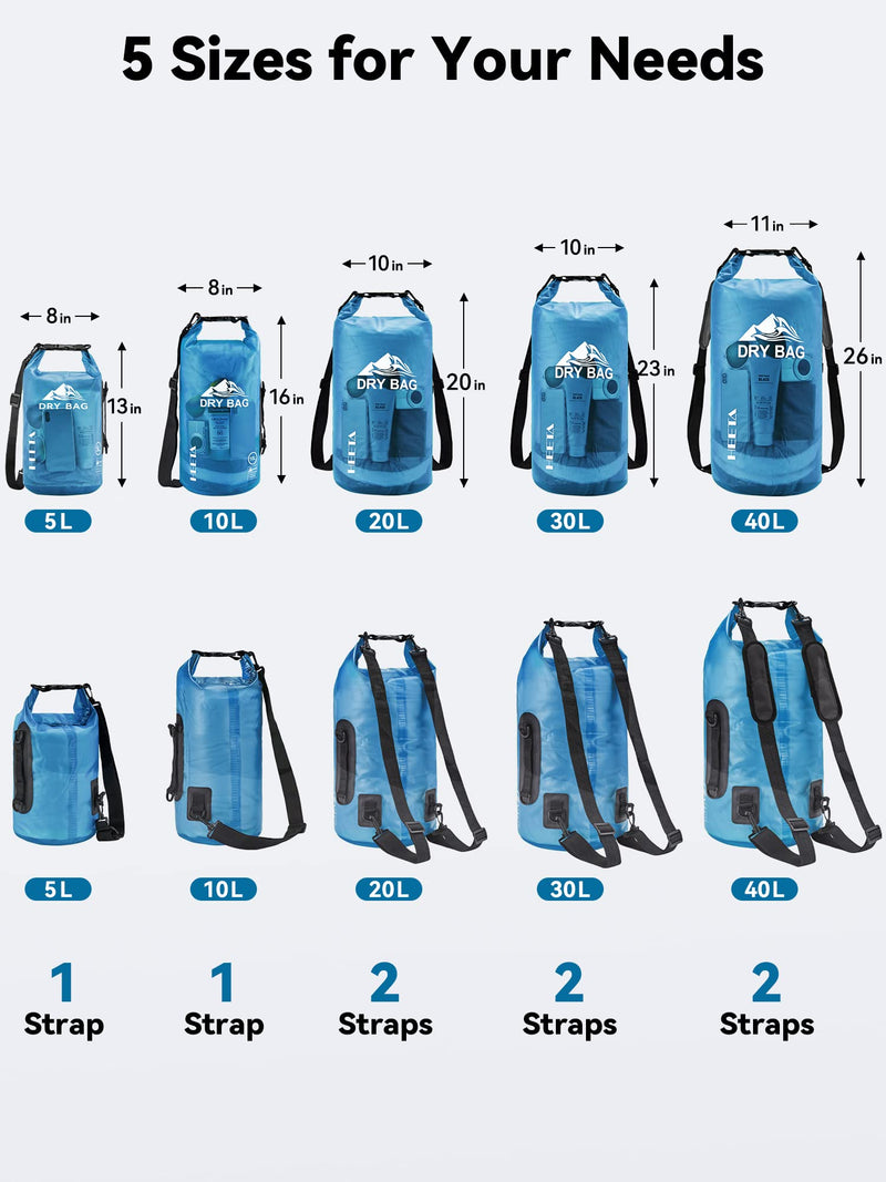 HEETA Waterproof Dry Bag for Women Men (Transparent Blue 5L) Bundled with 2-Pack Waterproof Pouch with Adjustable Waist Strap (Black & Pink)
