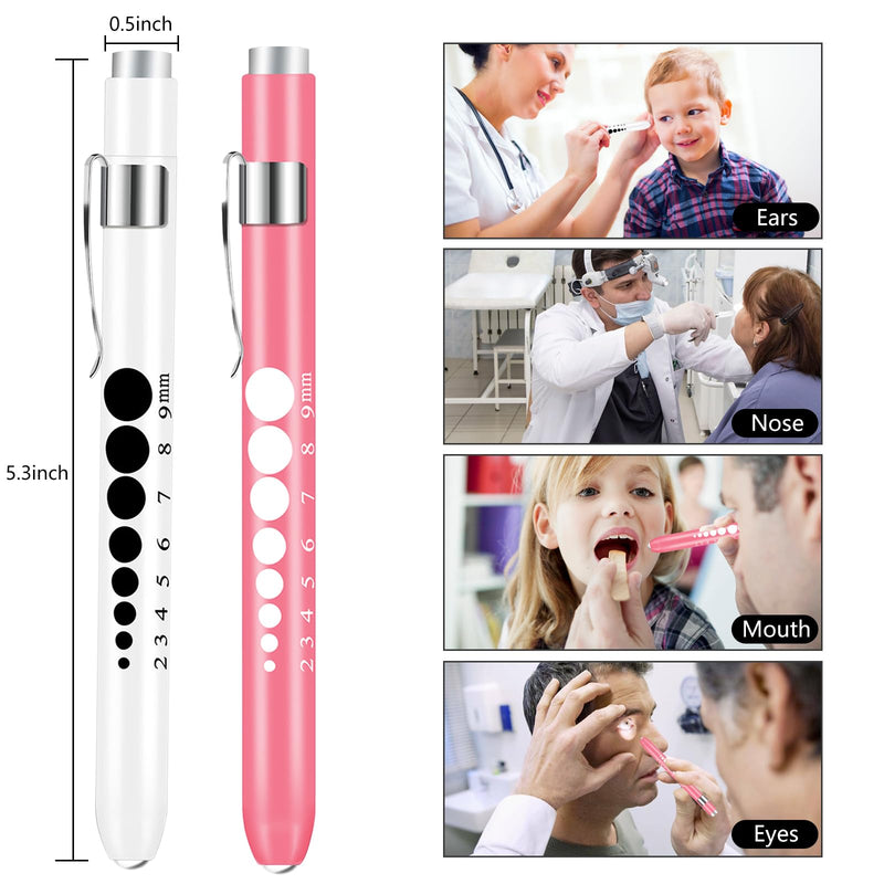 Pen Light with Pupil Gauge Nursing Pen Lights for Nurses 2 Pack Reusable Pupil Penlight Medical for Nursing Students Doctors EMTs White Light LED Penlights for Nurses with 4 Batteries Pink and White