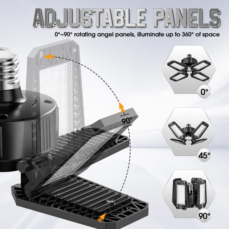 Garage Light 2 Pack 120W, 12000LM Garage Lights Ceiling LED with 4+1 Deformable Panels 6500K LED Garage Light, LED Shop Lights for Workshop, Garage, Basement Support E26/E27 4+1 Panels