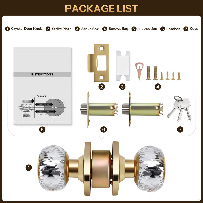 Crystal Door Knobs with Lock and Keys, Interior Crystal Glass Door Knobs with Privacy Lock Diamond Crystal Door Knob for Bedroom Bathroom, Gold 1 Pack Privacy function (with key)
