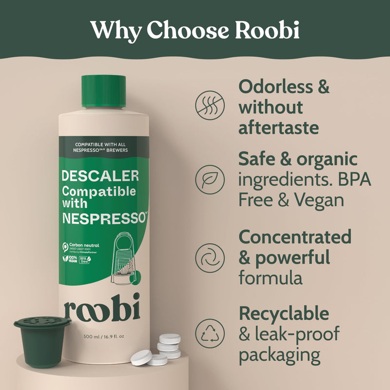 Roobi Descaling and Cleaning Kit Compatible with Nespresso Originaline. Includes 1 Bottle of Descaling Solution, 12 Cleaning Tablets and 1 Reusable Pod. Carbon Neutral. 1 Year Supply. Descaling & Cleaning Kit
