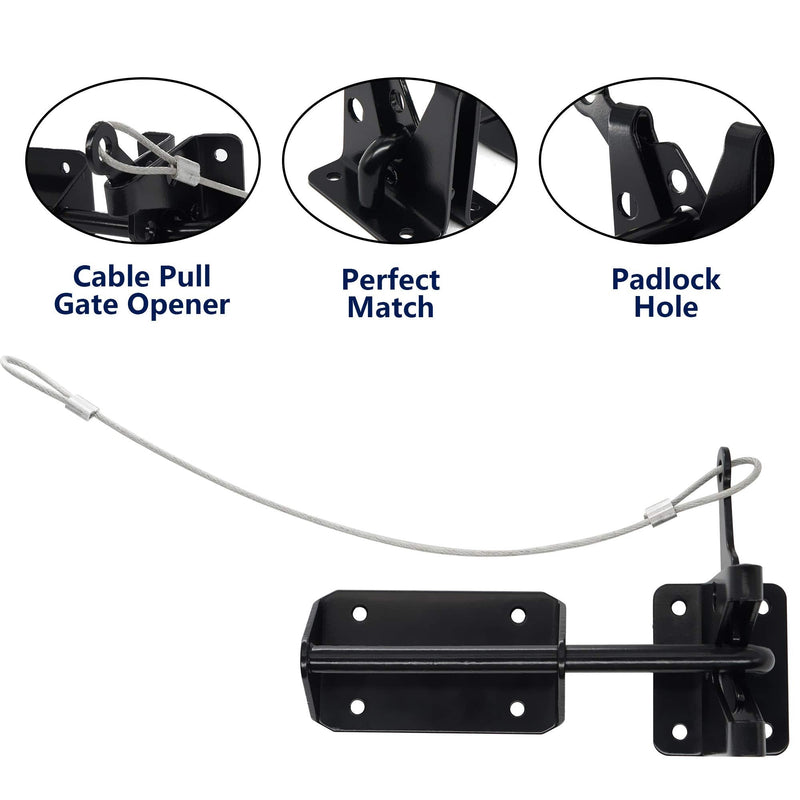 Heavy Duty Automatic Latch for Wooden & Metal Gates, Vinyl Fence, Self Locking Outswinging Pool & Dog Gate Door Latch with Gravity Security & Cable Pull Opener, Black