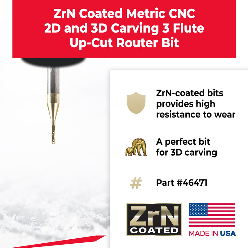 Amana Tool CNC 2D 3D Carving Angle Ball Tip Router Bit, ZrN Coated, 46471, 0.10 Deg, 1mm Dia x 0.50mm Rad x 3mm CH x 1/8 Shk x 1-1/2 Inch L x 3 Fl