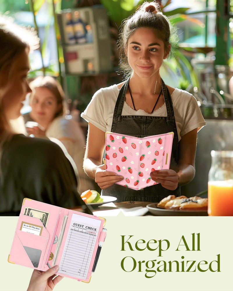 Slohif Server Book for Waitress Cute Serving Books with Zipper Pocket Accessories Leather Server Check Book Restaurant Waiter Server Booklet Organizer Ticket Book Holder Strawberries