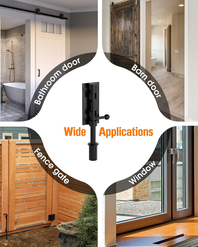 Barrel Bolt Latch, 6" Shed Door Latch, Heavy Duty Slide Bolt Gate Latch, Hardware Gate Drop Rod Bolt Lock for Barn Door, Wooden Fence, Courtyard, Backyard, Outdoor (Black - 2pcs) Black - 2pcs