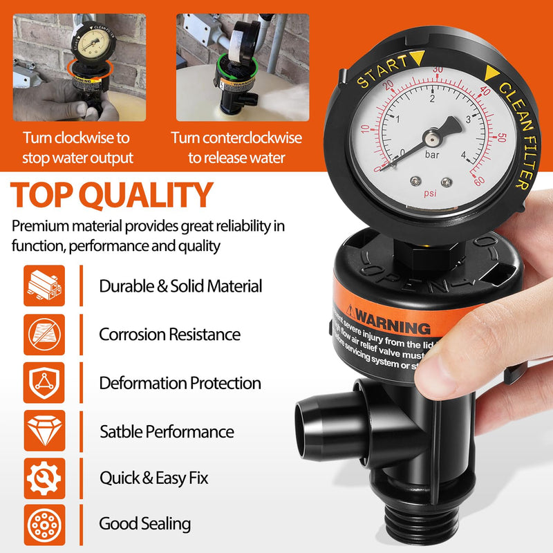 98209800 High Flow Manual Relief Valve/Air Relief Manual Valve Assembly with Pressure Gauge, Replacement for Pool and Spa Filter (2 PACK-98209800) 2 PACK-98209800