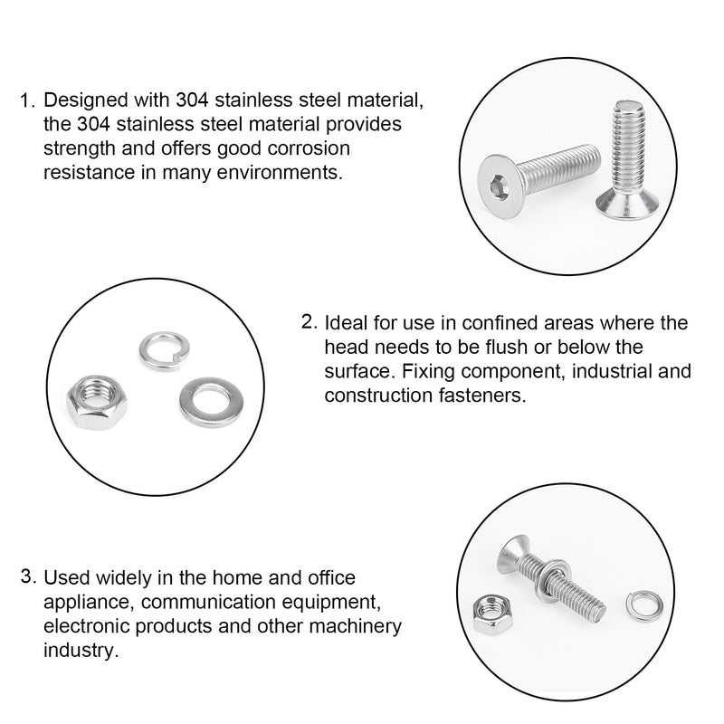 DYWISHKEY 566 Pieces M3x 4/6 /8/10 /12/16 /20mm Countersunk Head Socket Cap Screws Nuts Washers Assortment Kit, M3 Flat Head Screws Kit, 304 Stainless Steel