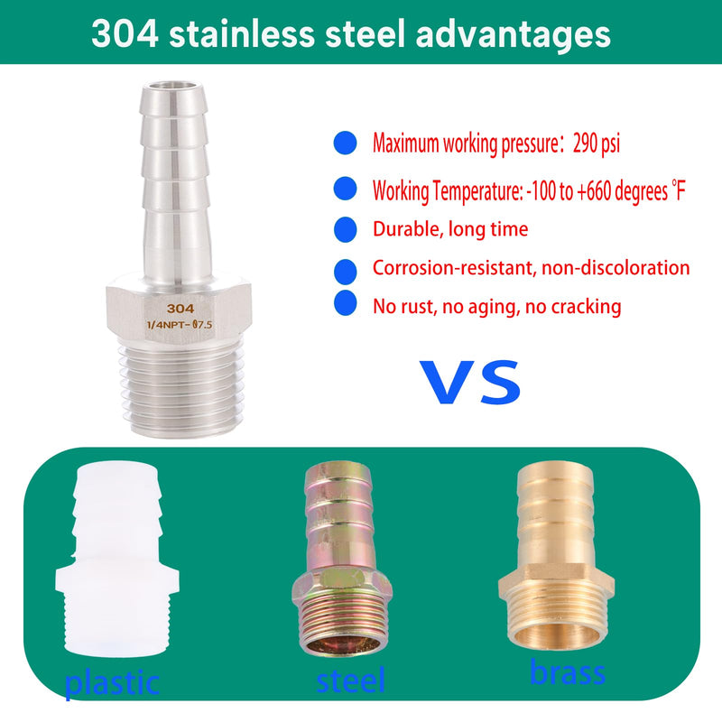 304 Stainless Steel 1/4" Hose Barb to 1/4" Male NPT Home Brew Fitting Water Fuel Air，lead-free (Pack of 4)…