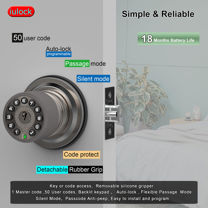 Smart Door Knob with Keypad and Key,Keyless Entry Door Lock with Rubber Grip, Auto Lock,50 User Code,Waterproof, Easy to Install and Program for Bedroom Garage Office Gate (Satin Nickel) Stain Nickel