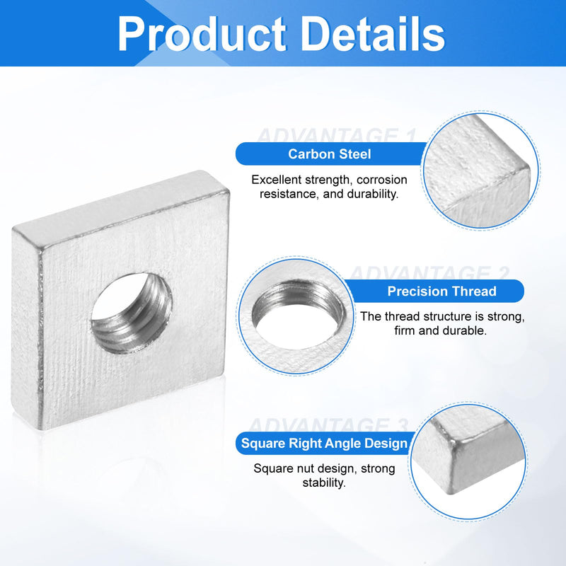 uxcell 10Pcs M6x14mmx4mm Square Nuts, Carbon Steel Zinc Plated Coarse Thread Square Nuts Fasteners for Home Repairs and Professional Engineering, Silver 10