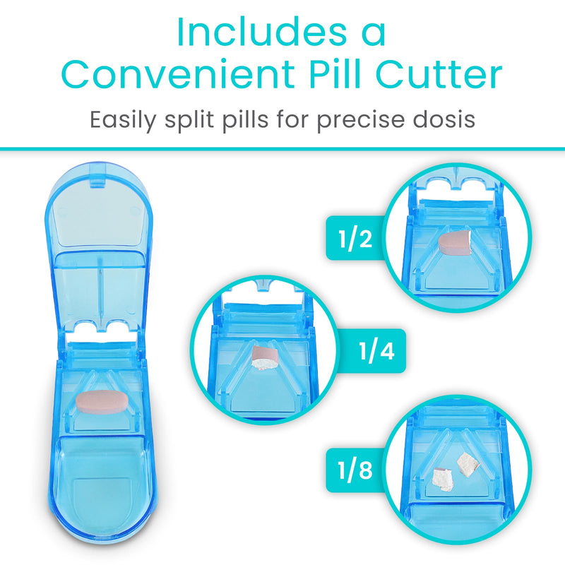 Vive Stackable Pill Organizer Tower with Pill Cutter, Splitter - 7 Days 4 Times A Day - Dispenser for Vitamins, Supplements and Medication - Weekly Stacking Pill Box Container with Travel Case