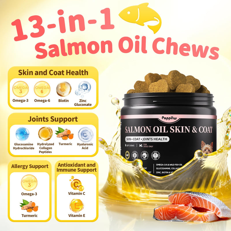 Salmon Oil for Dogs Skin & Coat, 13 in 1 Wild Alaskan Fish Oil for Dogs - Omega 3 EPA & DHA & ALA Fatty Acids, Dog Allergy Relief Chews, Joint & Immune Support,135 Count, Salmon Flavor, Soft Chews