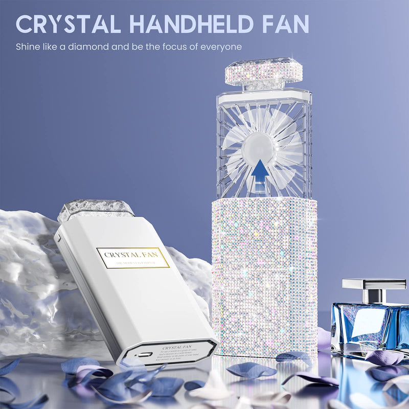 Lady Rechargeable Personal Fan with 3 Speeds, Quiet Portable Mini Cooling Desk Electric Fan - White Rhinestones Bling