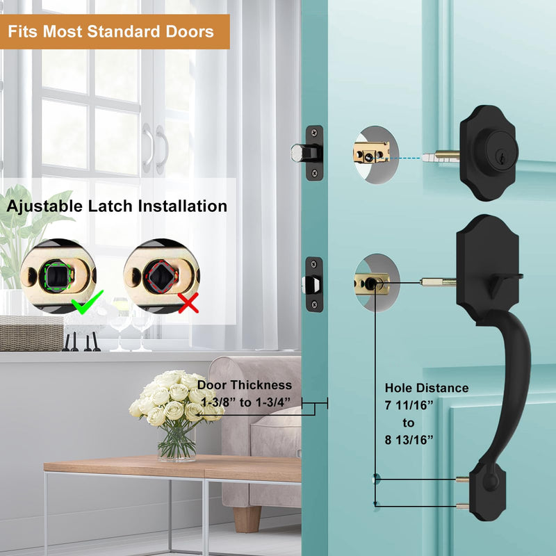Black Front Door Lock Set with Single Cylinder Deadbolt and Crystal Glass Knob, Entry Front Door Handle Reversible for Left & Right Handed Door, Matte Black Finish 1
