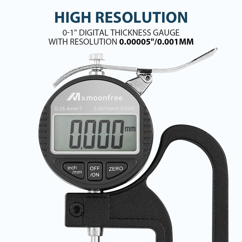 Digital Thickness Gauge 0.001mm/0.00005" | 0-25.4mm/1.0" Electronic Micrometer Thickness Meter with LCD Display, Unit Conversion, Storage Case, Extra Battery