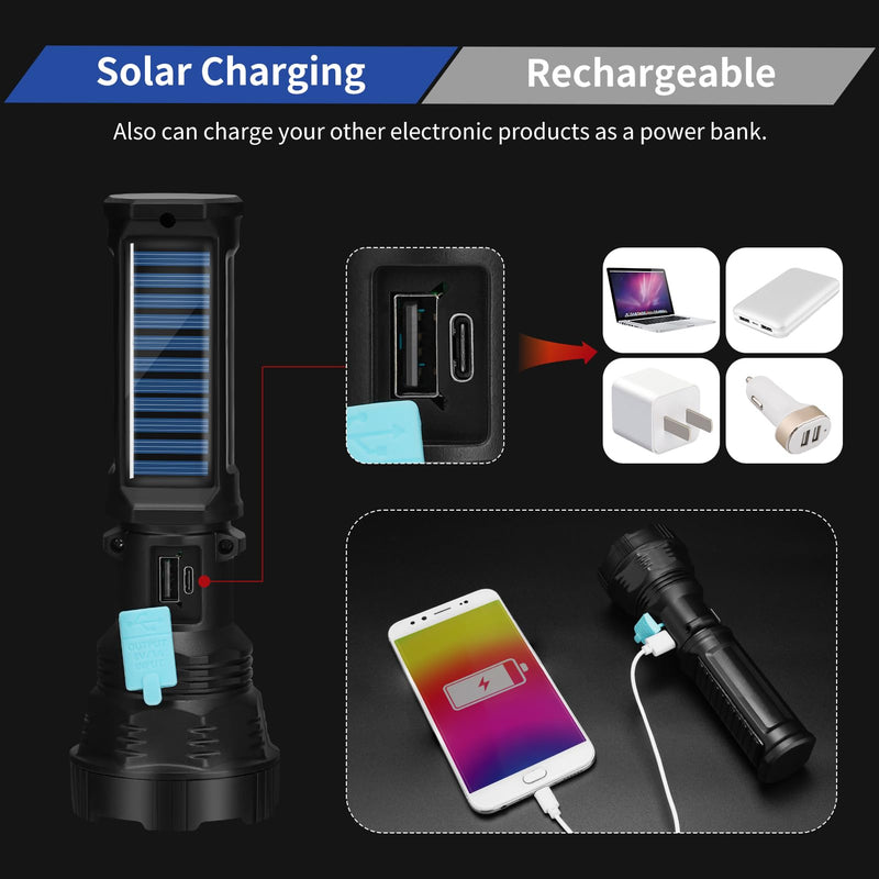 Led Solar Flashlight, 1500 Lumens Led Solar Handheld Rechargeable Flashlights with IP65 Waterproof, 2000mAh Battery for Survival Emergencies Camping (2 Packs) 2 Packs