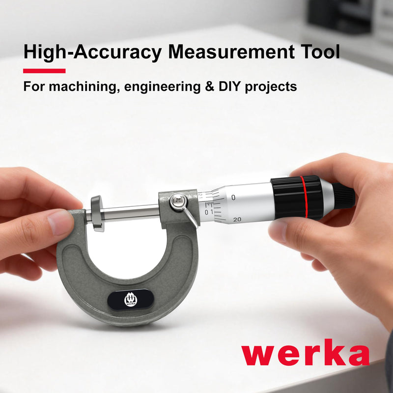 Werka Professional Outside Micrometer, 0-1 Inch Range with 0.0001 Inch Graduations, Precision Measurement Tool with Ratchet Stop, Storage Case Included