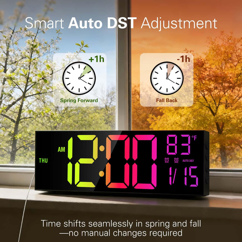 JALL 16.15 inch Large Digital Wall Clock, RGB Lights with Remote Control, Dual Alarms with Big LED Display, Auto DST, C° / F° Temperature for Classroom, Birthday Gift, Senior Black 16 inches