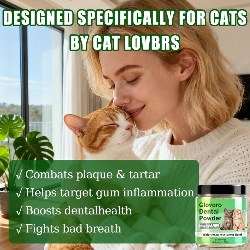Glovoro Dental Powder for Cats, Cat Dental Powder, Relieve Gum Redness Tartar, Breath Freshener,Daily Dental Care Powder, 100g