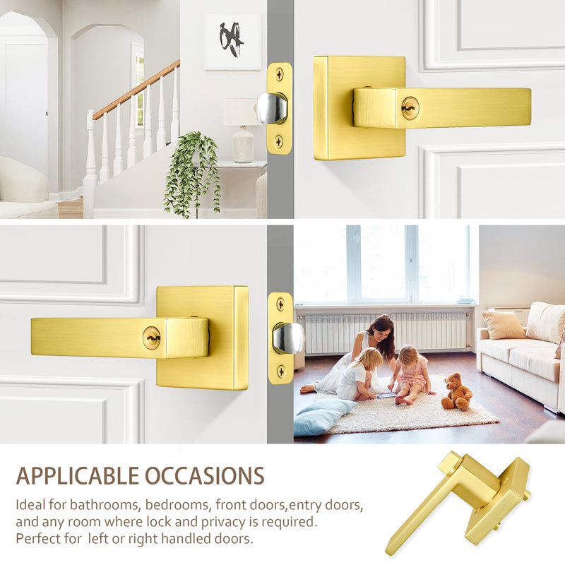 Gold Door Handles Door Knobs with Lock,Satin Brass Door Lever Keyed Front Entry Door Handle Interior/Exterior (1 Pack) Entry - 1 Pack - Not Keyed Alike Satin Brass