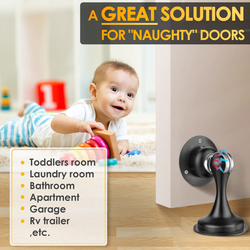 Door Stoppers Magnetic Door Catch - 2 Pack Stainless Steel Heavy Duty Door Holder Stops for Bottom Top of Door - Wall Floor Mounting No Drill 3D Adhesive & Screws Strong Magnet Keep Door Open 2 Pack-Black