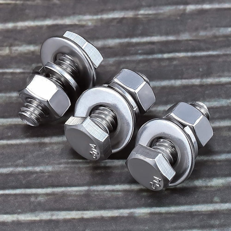 1/4-20 x 3/4" (10 Sets) Stainless Steel Hex Bolts Screws with Nuts Flat Washers Lock Washers, 304 SS 18-8, Hexagon Head, Fully Machine Threaded, Bright Finish 1/4-20 x 3/4" 10