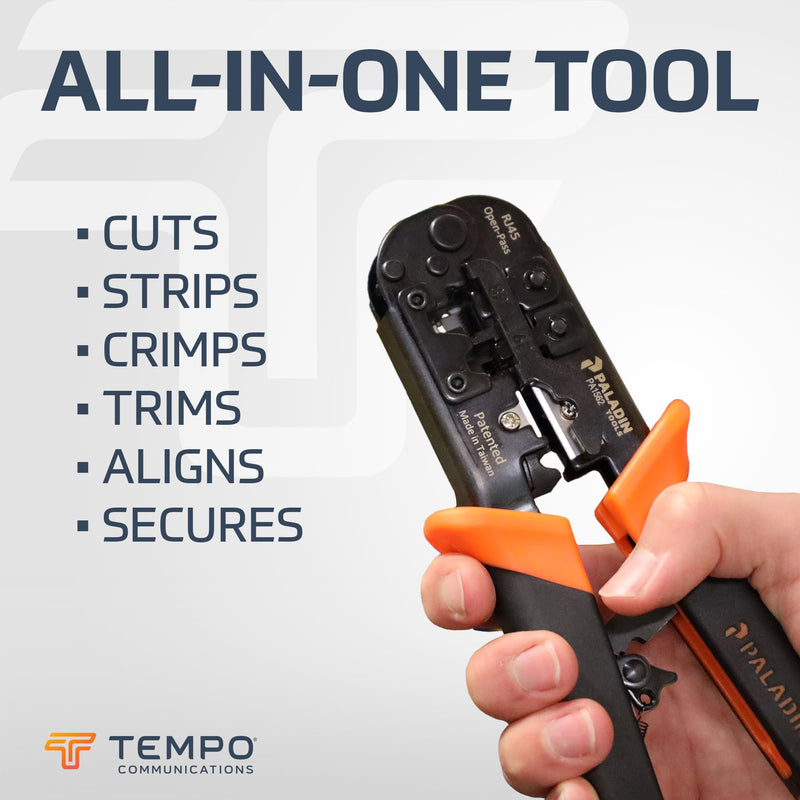 Paladin Tools PA1562 All-in-One Wire Crimper Tool – RJ45, RJ11, RJ22 - Pass-Through & Snagless Crimp Tool - Cut, Strip, Crimp 1562