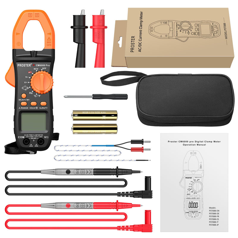 Proster Digital Clamp Meter 6000 Count - 800A DC AC Current AC/DC Voltage Multimter, TRMS NCV Continuity Capacitance Resistance Frequency Diode Hz Tester, with Test Leads, Alligator Clips Black 6000Counts