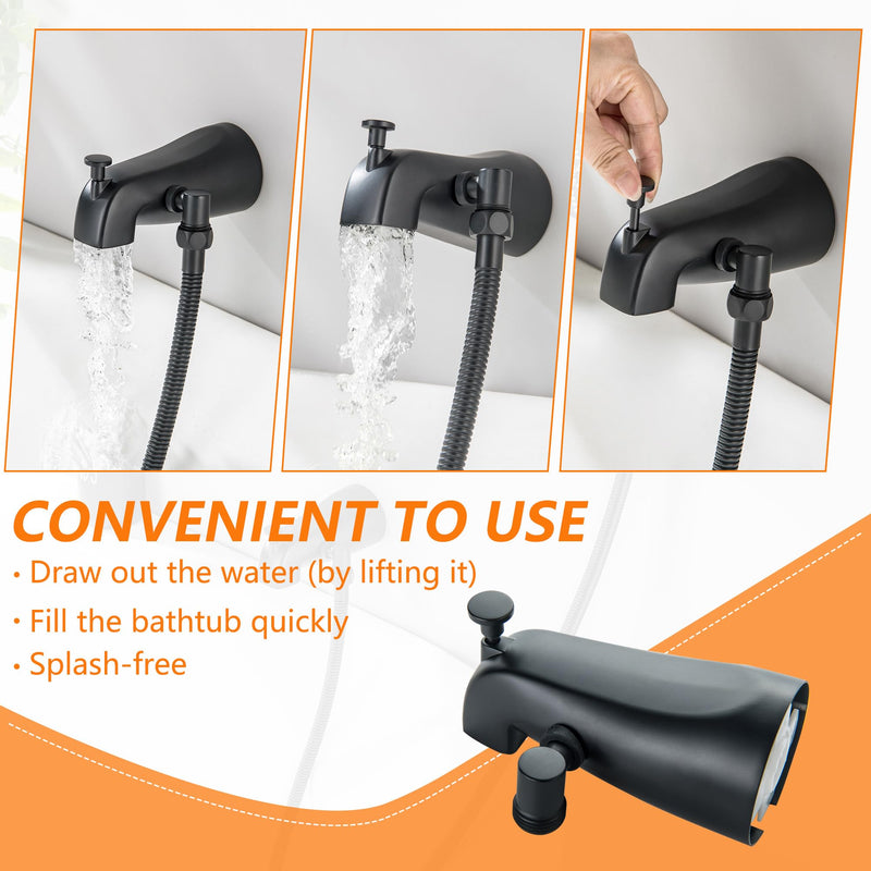 Tub Spout with Diverter, Matte Black Bathtub Spout with Diverter Bath Tub Faucet Set with ON/OFF 5 Modes Shower Sprayer
