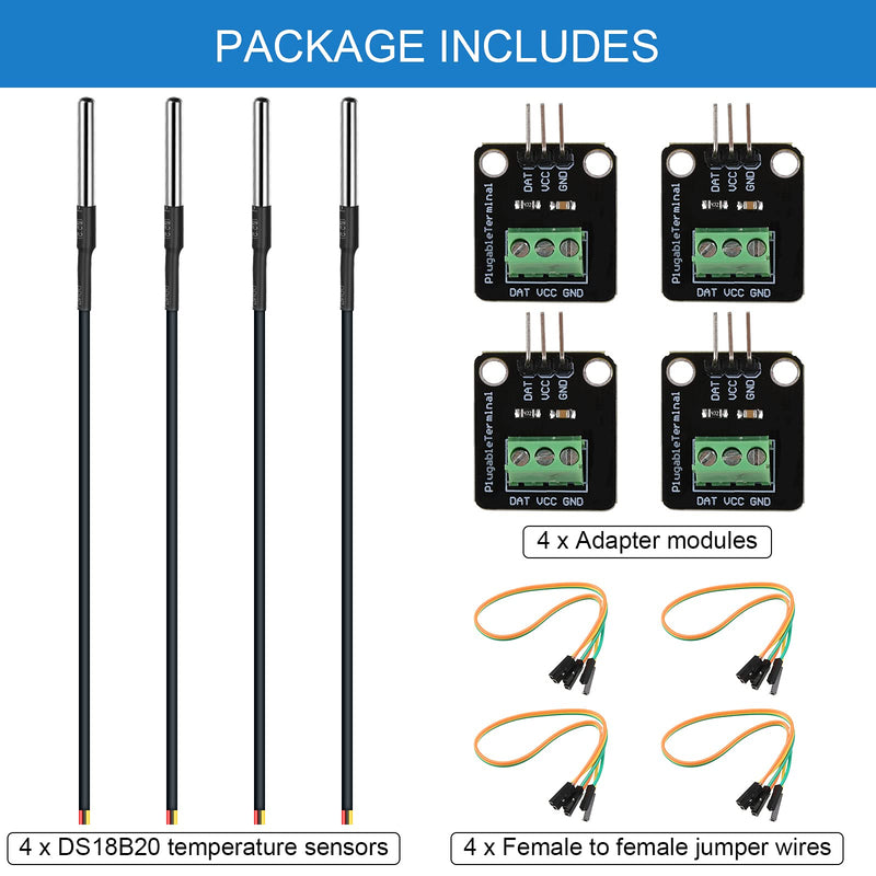 Weewooday 4 Sets DS18B20 Temperature Sensor Module Kit with 1 m/ 3.2 Ft Waterproof Digital Stainless Steel Probe -55 to +125 Degrees Celsius, Compatible with Raspberry Pi