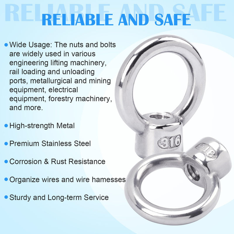 PAGOW 6 Pieces Stainless Steel 316 Lifting Eye Nut, 1/4" UNC Heavy Duty Marine Grade, Hardware Ring Shaped Eye Bolt