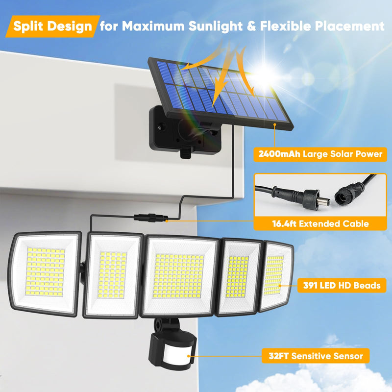 Solar Motion Lights Outdoor - With 16.4ft Cable, 3000LM Ultra-Bright LED Security Lights for Outside Dusk to Dawn, 2400mAh IP65 Waterproof Flood Lights with Remote for Court Yard Garage Front Door 2 Classic
