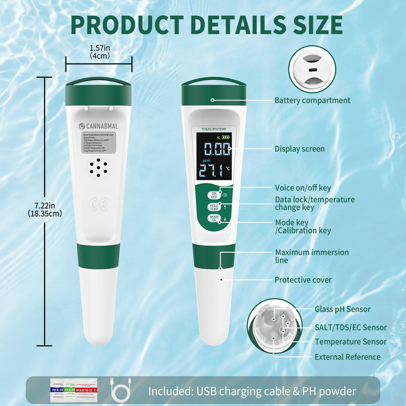 5-in-1 Digital PH Meter, with Voice Function, PH/TDS/EC/Temp/Salt Pool Salt Tester, Waterproof & Rechargeable Pen Meter for Swimming Pools, Fish Tank, Aquariums & Hydroponics