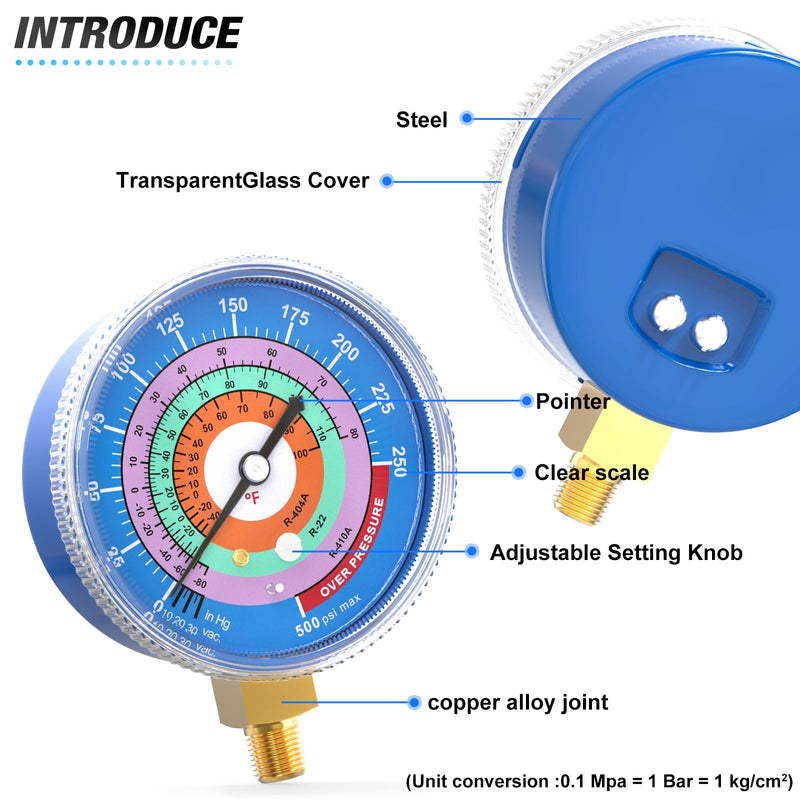 MEANLIN MEASURE Refrigeration Pressure Gauge, 1/8" NPT, 30 in HG to 250Psi and 0-800Psi, 2-3/4" Dial, R-404A, R-22, R-410A, Degree F, with 1/4" NPT and 3/8" NPT Hex Bushing, Lower Mount Red & Blue Dial