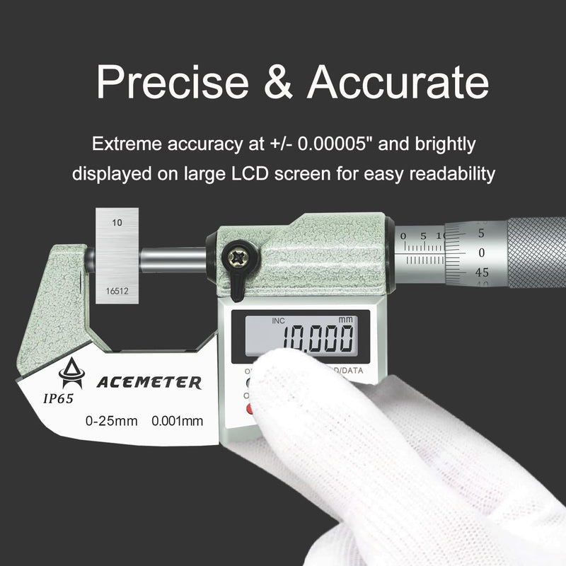 Digital Micrometer Precision Professional 0-1" (0-25mm) Range, 0.00005" (0.001mm) Resolution,Large Screen Digital Micrometer, Meets IP65 Specifications with Standard Ratchet Stop