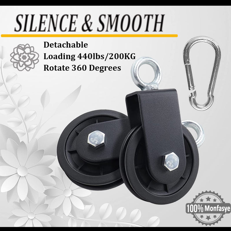 Silent Pulley 360 Degree Rotating Gym Cable Pulley Equipment Wheel with Hanging Straps and Carabiner 3.54 in Snatch Rigging Blocks Pulley Cable Machine Attachment DIY Attachment Lifting Blocks