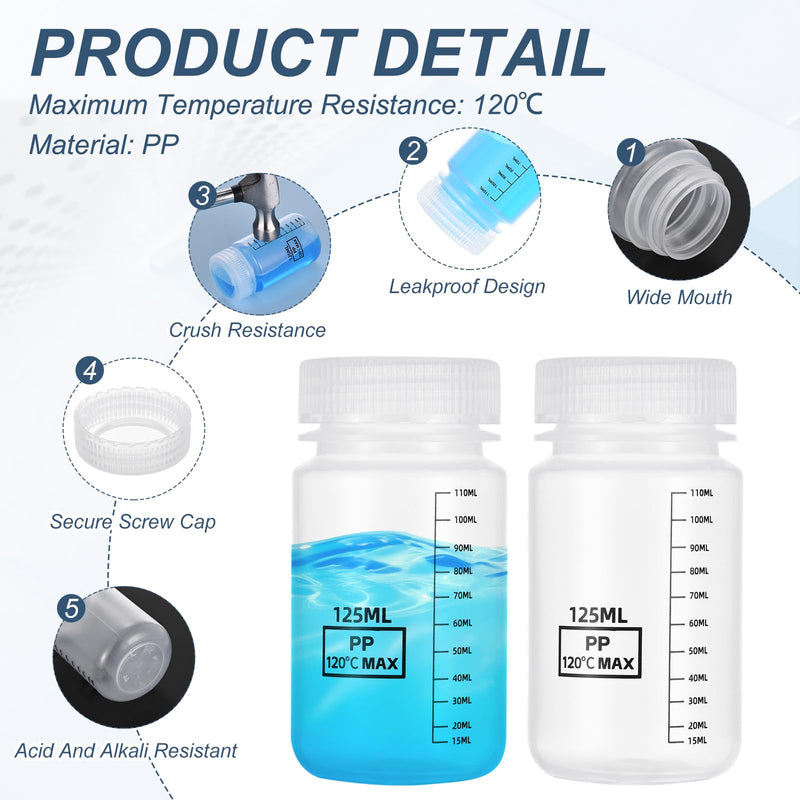 PATIKIL 20 Pcs Plastic Sample Bottles with Screw Cap, 4 oz 125ml Wide Mouth Reagent Bottle Transparent PP Sample Containers with Lid for Lab Water Reagent Sample Home Storage Seal, Clear