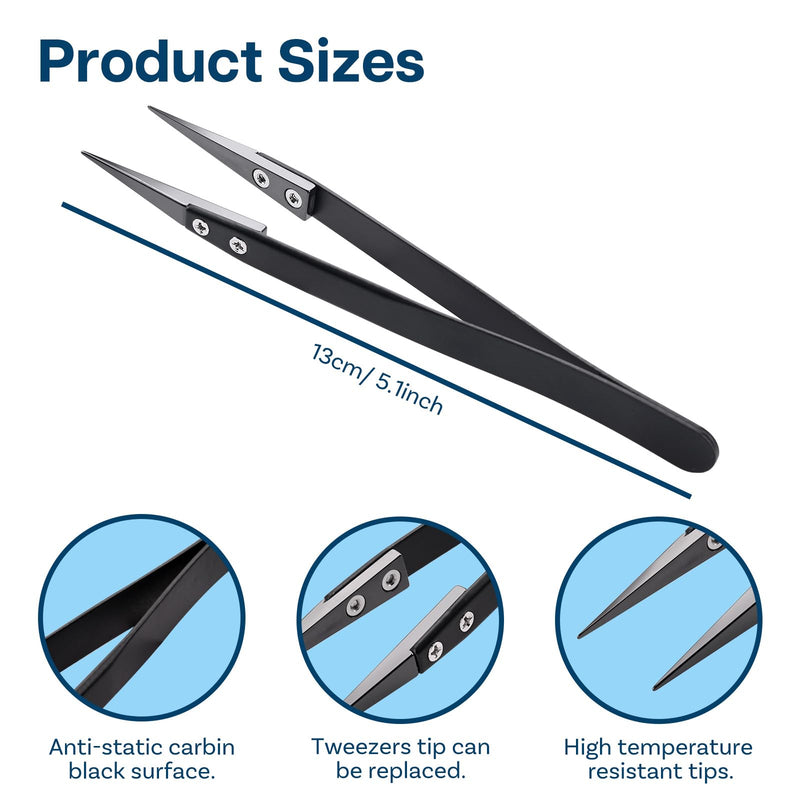 MMOBIEL 3Pcs Set Ceramic Tip Soldering Tweezers Heat Resistant 1600 C/3000 F for Electronics Repair, Jewelry, Computer, Laboratory Soldering Work etc. - Black 3x Black Tip