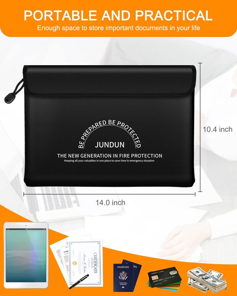 JUNDUN Fireproof Document Bag with 5200℉ Heat Insulated,14.0”x10.4” Waterproof and Fireproof Money Bag,8 Layers Thickened Fire Safe Storage Bag Pouch with Zipper for Document,Money,Black and Large Black