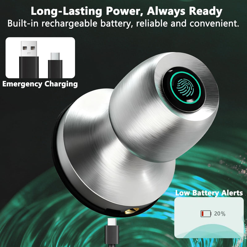 Fingerprint Smart Door Knob, Biometric Keyless Entry Door Lock with App Control & Backup Keys, Thumbprint Round Door Lock, Suitable for Home, Bedroom, Office, and Apartment Sliver